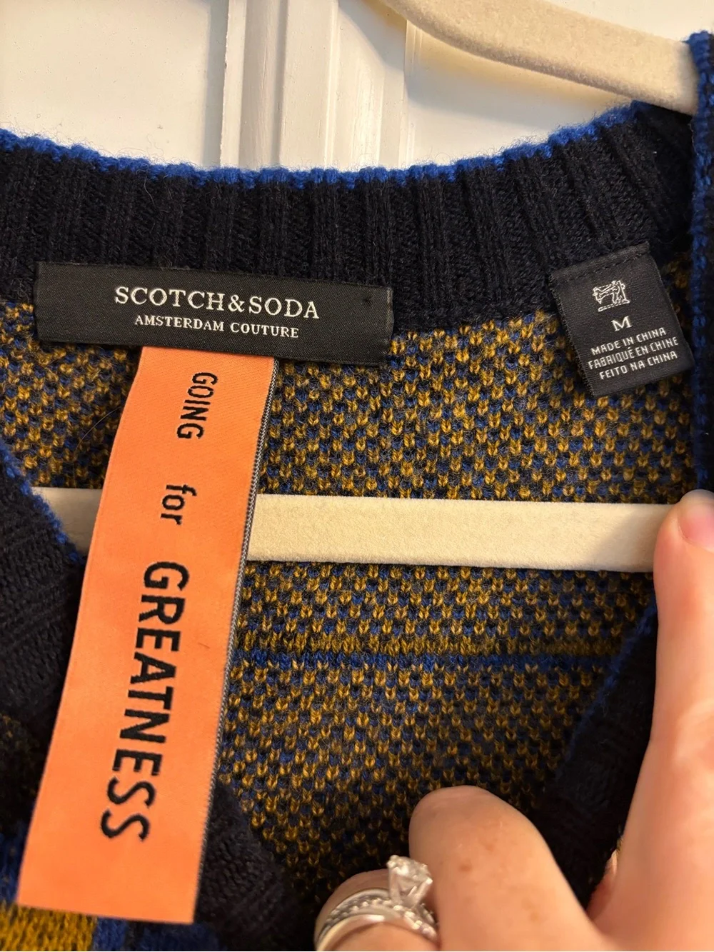 Scotch & Soda Geometric Crewneck Sweater in Blue & Mustard